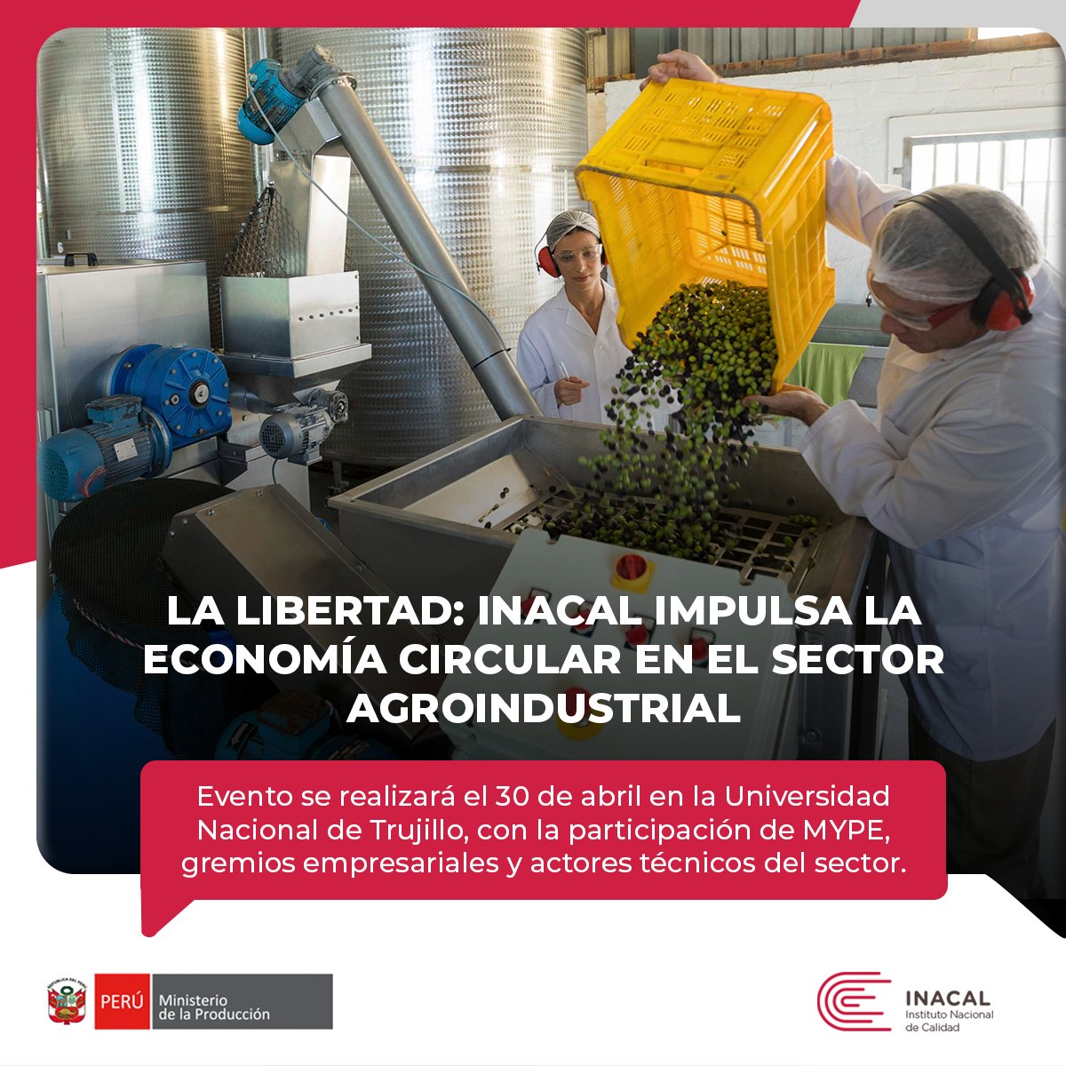 #NotaDePrensa

🌿 Impulsando una agroindustria más sostenible y competitiva. El Inacal del <a href="/MINPRODUCCION/">Ministerio de la Producción</a>, realizará el evento especializado “Economía Circular en el Sector Agroindustrial” en La Libertad.

gob.pe/institucion/in…
