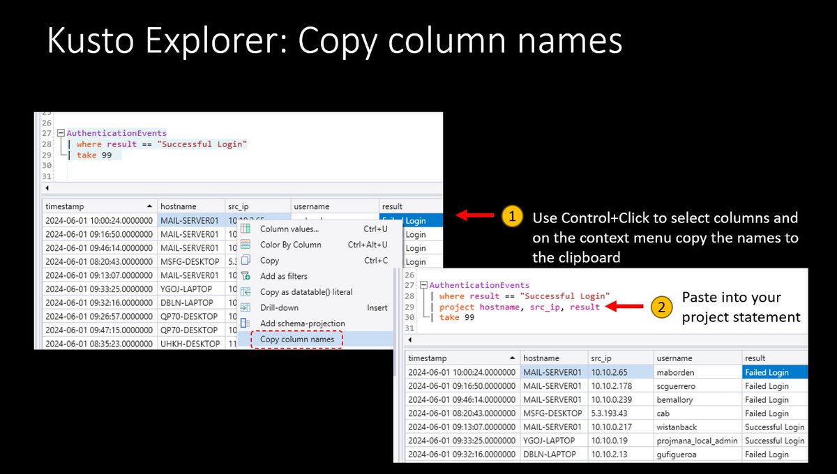 John Lambert (@johnlatwc) on Twitter photo This is a nifty #kusto explorer tip. Save time typing column names in a project statement by selecting them with the mouse and pasting them via this shortcut.
🙏 Sample data courtesy of the @kc7cyber project (kc7cyber.com)
➡️ Get #KustoExplorer: This is a nifty #kusto explorer tip. Save time typing column names in a project statement by selecting them with the mouse and pasting them via this shortcut.
🙏 Sample data courtesy of the @kc7cyber project (kc7cyber.com)
➡️ Get #KustoExplorer: