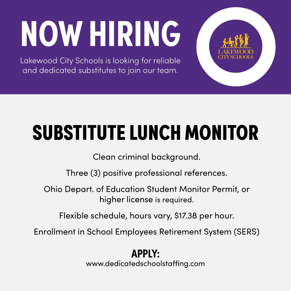 Dedicated School Staffing (@dedicated_ss) on Twitter photo Lakewood City Schools (<a href="/LkwdSchools/">Lakewood OH Schools</a>) is now hiring Substitute Educational Aides and Substitute Lunch Monitors. Support students in a classroom or lunch setting. Work a flexible schedule and choose your own assignments based on your comfort zone. Apply: bit.ly/3RKbJl3 Lakewood City Schools (<a href="/LkwdSchools/">Lakewood OH Schools</a>) is now hiring Substitute Educational Aides and Substitute Lunch Monitors. Support students in a classroom or lunch setting. Work a flexible schedule and choose your own assignments based on your comfort zone. Apply: bit.ly/3RKbJl3