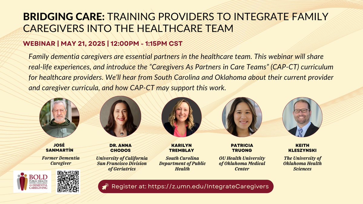BOLD Center of Excellence on Dementia Caregiving (@phcoe_dc) on Twitter photo Family caregivers are key to dementia care—are providers ready to partner with them? Join PHCOE-DC’s webinar on May 21 to explore real stories and <a href="/UCSF/">UC San Francisco</a> 's CAP-CT curriculum. Hear how SC & OK are training providers & caregivers.
Register at: z.umn.edu/IntegrateCareg… Family caregivers are key to dementia care—are providers ready to partner with them? Join PHCOE-DC’s webinar on May 21 to explore real stories and <a href="/UCSF/">UC San Francisco</a> 's CAP-CT curriculum. Hear how SC & OK are training providers & caregivers.
Register at: z.umn.edu/IntegrateCareg…