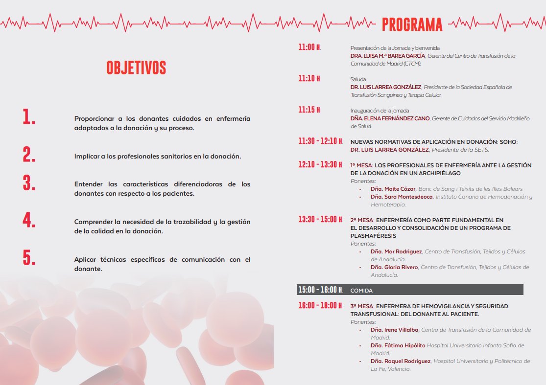 📋¡Compartimos con todos vosotros el programa de las 🩸II Jornadas Nacionales de Enfermería en Donación de Sangre y Componentes Sanguíneos!🚀
⏳¡No te quedes sin tu plaza! Inscríbete a través del siguiente link 🔗intranet.pacifico-meetings.com/GescoWeb/?cfg=… 
🫱🏼‍🫲🏻¡Os esperamos el 📅8 de mayo! 🔜