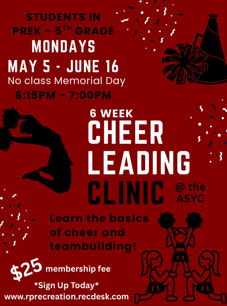 🗣️Calling all future cheerleaders!
 
 📣For PreK – 5th grade 
Energetic program demonstrating the basics of cheer &amp; team-building.
Mondays | May 5 – June 16, 6:15 PM – 7:00 PM
(Closed Mem Day) 
$25 membership fee
Space is limited
Sign up today at: rprecreation.recdesk.com