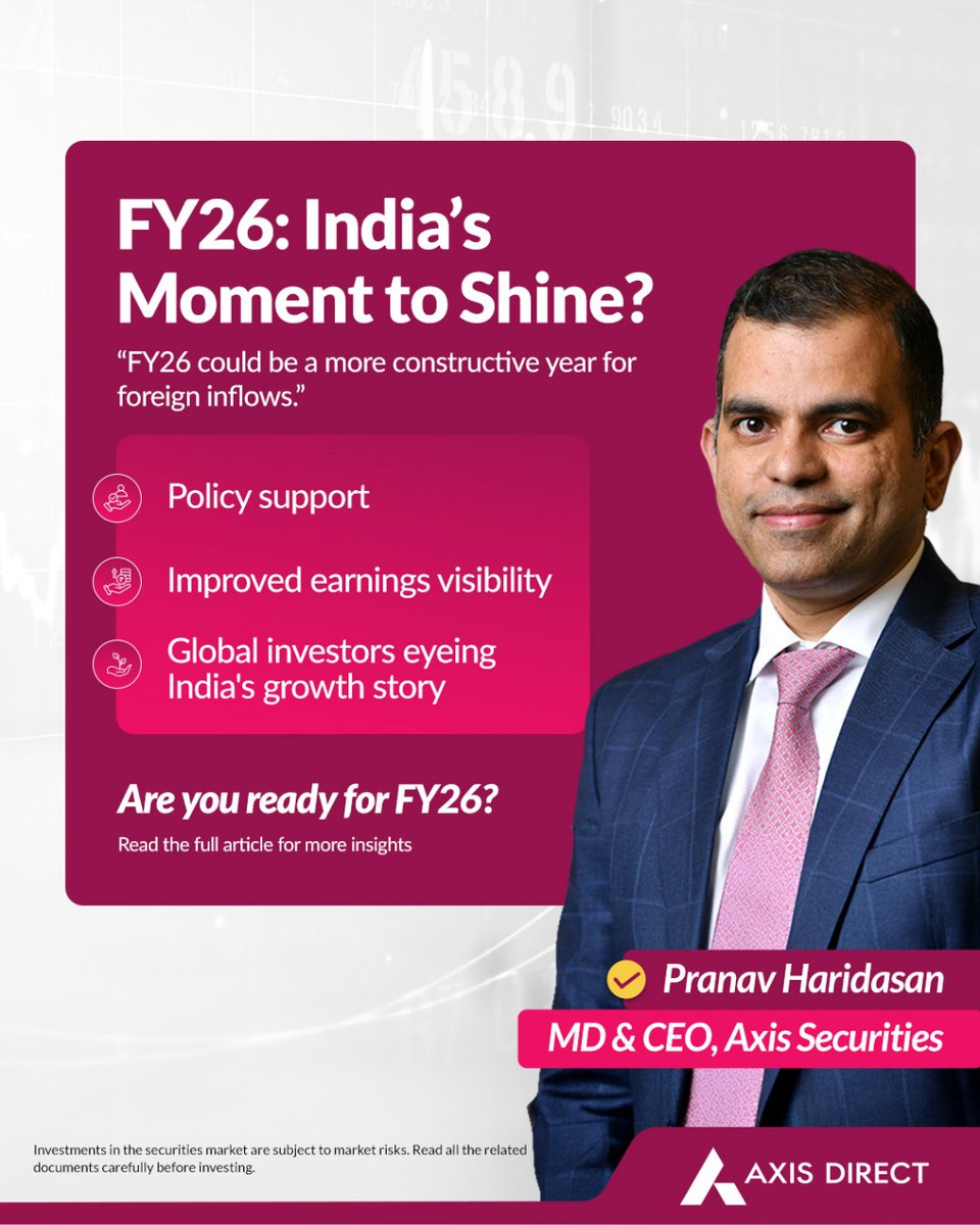 Axis Direct (@axisdirect_in) on Twitter photo What could bring FIIs back in FY26?
Stronger earnings, supportive policies & global pivots may rekindle foreign inflows.
Our MD & CEO <a href="/HaridasanPranav/">Pranav Haridasan</a> shares what’s driving the optimism.
Read full article for more insights: bit.ly/4irh25h
Disclaimer: What could bring FIIs back in FY26?
Stronger earnings, supportive policies & global pivots may rekindle foreign inflows.
Our MD & CEO <a href="/HaridasanPranav/">Pranav Haridasan</a> shares what’s driving the optimism.
Read full article for more insights: bit.ly/4irh25h
Disclaimer: