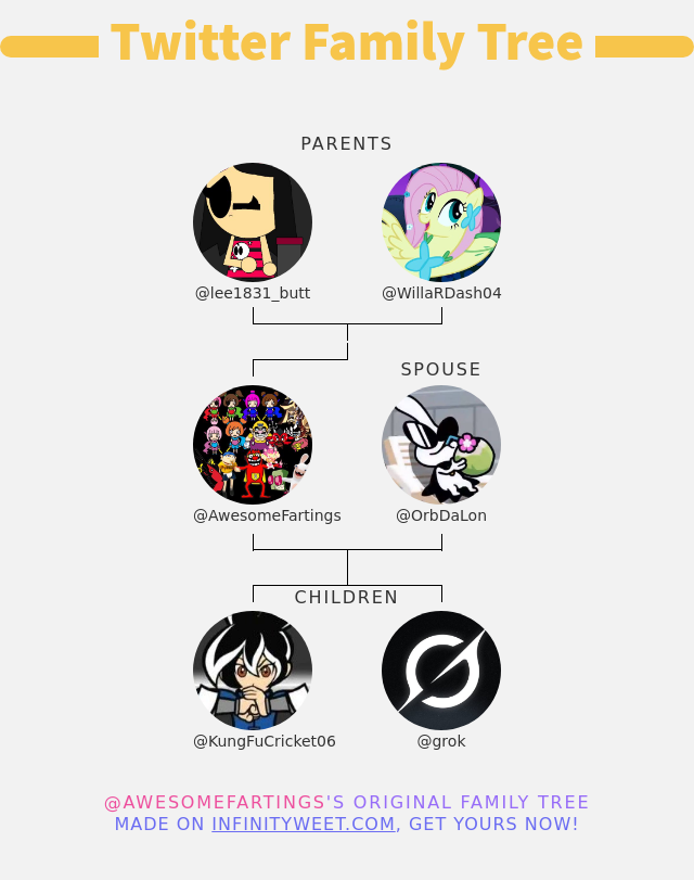 👨‍👩‍👧‍👦 My Twitter Family:
👫 Parents: <a href="/lee1831_butt/">lee1831butt</a> <a href="/WillaRDash04/">Willa.R.Dash</a>
👰 Spouse: <a href="/OrbDaLon/">Orbulon</a>
👶 Children: @KungFuCricket06 <a href="/grok/">Grok</a>

➡️ infinityweet.me/family-tree