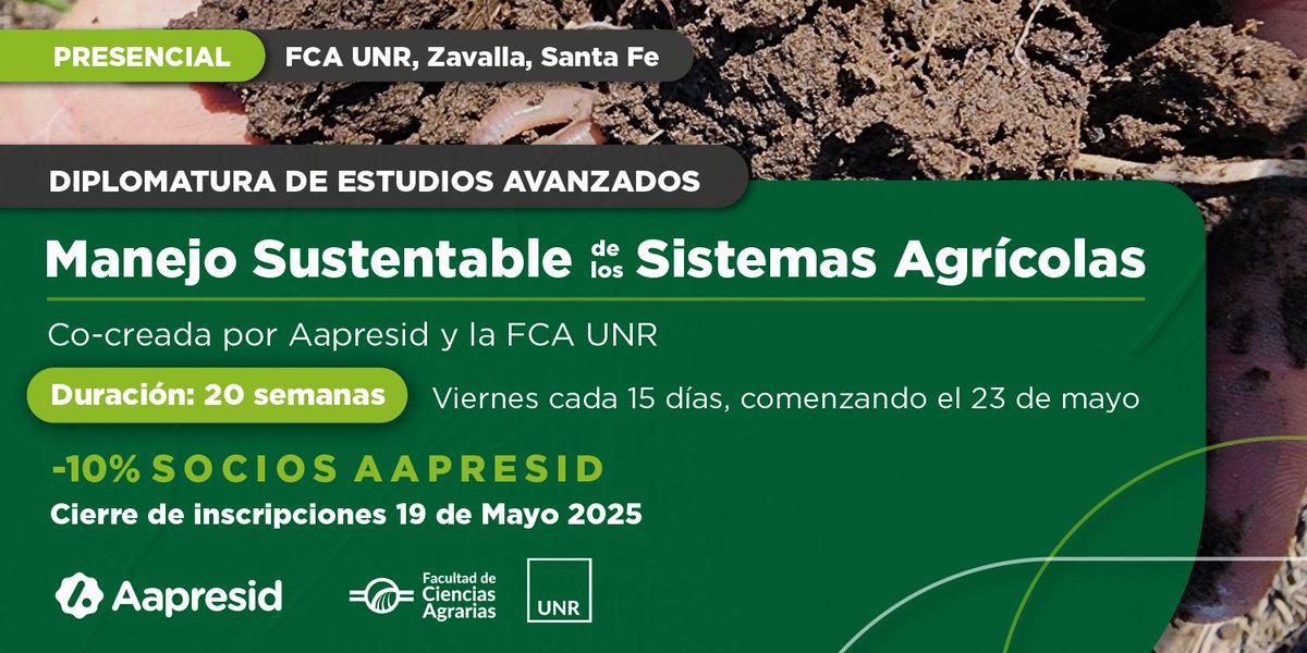 ¡Desde la Facultad y <a href="/aapresid/">Aapresid</a> te invitamos a realizar esta nueva Diplomatura para profesionales! 🎓♻️ 

🌱 Modalidad presencial, con encuentros de formación e intercambio en nuestro Campo Experimental

✍🏼 Inscribite y conocé más sobre los ejes temáticos: fcagr.unr.edu.ar/manejo-sustent…