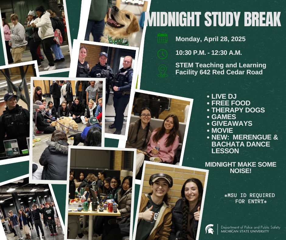 Join us for the "Midnight Study Break" at STEM! 
We are excited to invite you to this special event on Monday, April 28th from 10:30 PM–12:30 AM. Since its inception, the Midnight Study Break has become a cherished tradition, providing a safe and inclusive space for students to