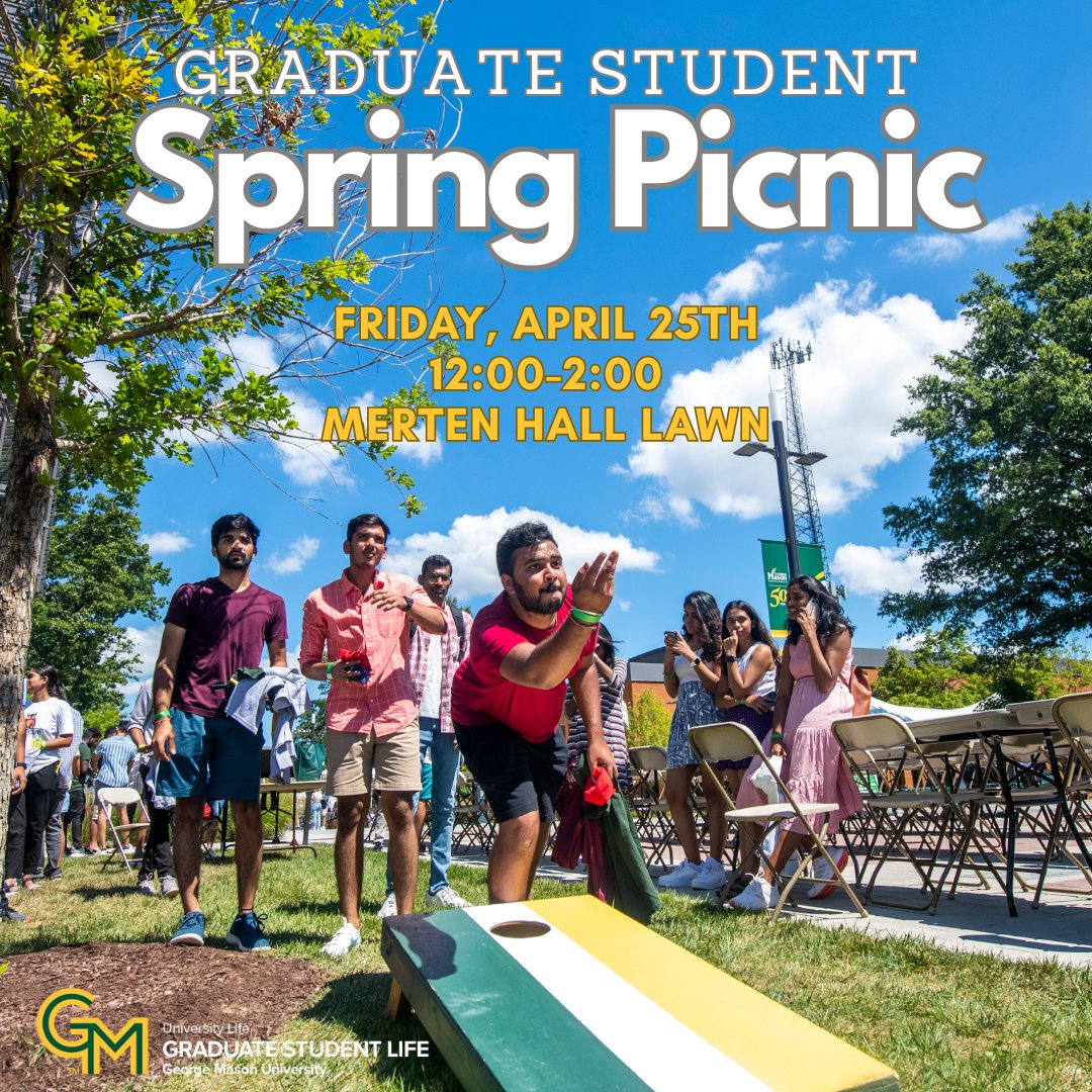 Our Spring Picnic is here again! Enjoy an afternoon of games, networking, and fun. Join us this Friday from 12:00 PM to 2:00 PM on the Merten Hall Lawn. We can't wait to see you there!

Register at Mason 360: cglink.me/2d7/r2282079