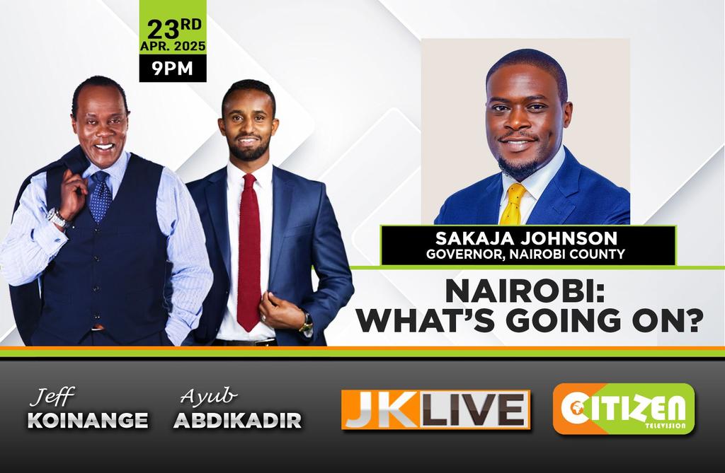If it's Wednesday,  you know it's #JKLIVE <a href="/citizentvkenya/">Citizen TV Kenya</a> from 9pm...Taaaaanite, he is a man under seige...Nairobi County Governor, <a href="/SakajaJohnson/">Sakaja Arthur Johnson</a> ....what are your questions for him?? Spread THE WORD! <a href="/xtiandela/">Xtian Dela™</a> <a href="/monicakiragu_/">Monica Kiragu</a> <a href="/AyubAbdikadir/">Ayub Sh Abdikadir</a>