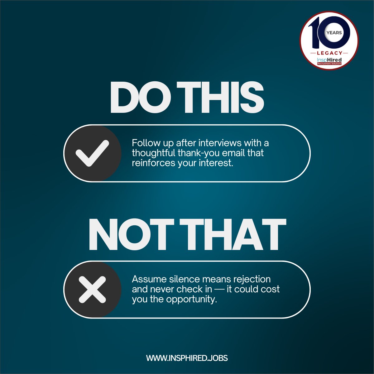 InspHiredSA's tweet image. 🔁 Do This, Not That: Career Edition

Save this for your next application, and share it with someone who needs a little nudge in the right direction. 💼✨

#CareerTips #JobSearchAdvice #DoThisNotThat  #CandidateCompass #TheInspHiredWay #LetsGetYouInspHired #JobSeekersUnite