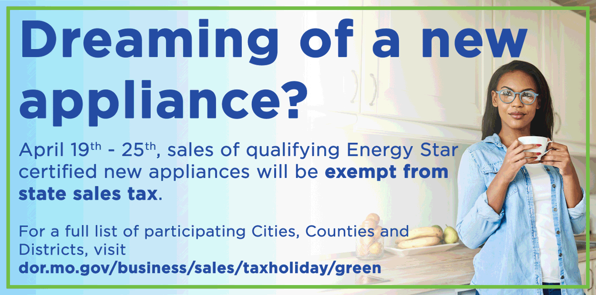 MissouriRevenue's tweet image. There’s still time to save on new #EnergyStar appliances!

Learn more about which appliances qualify for the sales tax exemption at dor.mo.gov/taxation/busin… for details.