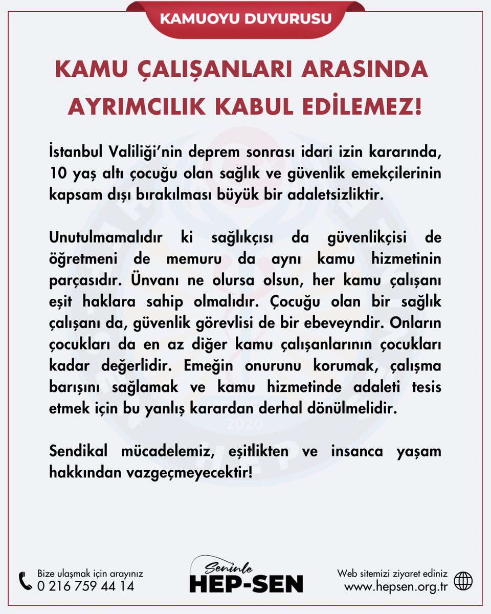 <a href="/gul_davut/">Davut GÜL</a> <a href="/TC_istanbul/">TC İstanbul Valiliği</a> Sağlık ve güvenlik emekçilerinin kapsam dışı bırakılması büyük hatadır. Çocuklu aileler bu kapsam içerisine alınmalıdır. Bu kararı almakta çok zor değil. <a href="/hepsen_2020/">HEP-SEN</a> olarak bu durum sağlanana kadar mücadele edeceğiz.