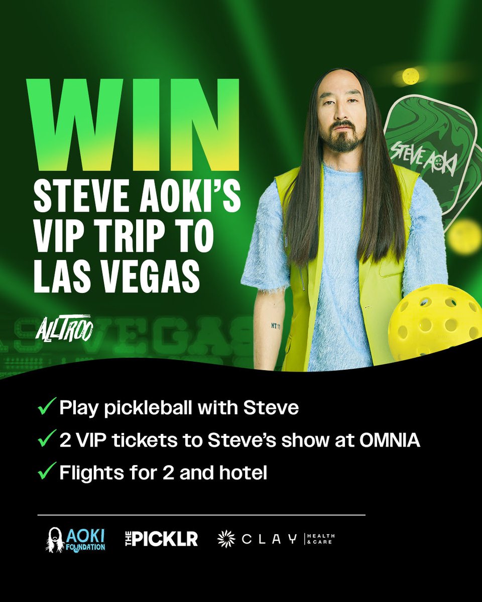 You could win a trip to Las Vegas to come party and pickleball with <a href="/steveaoki/">Steve Aoki</a>! Support the Aoki Foundation and enter to win at alltroo.com/aoki <a href="/AlltrooOfficial/">Alltroo</a>