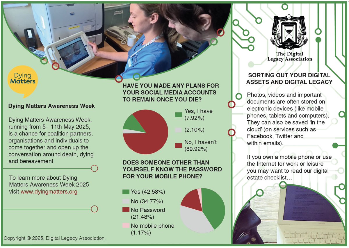 DigitalLegacyCo's tweet image. Don't forget about 'Digital Legacy Awareness' this @DyingMatters Awareness Week. Our free to download, easy to print and fold leaflets are:
✅Multi-language
✅Large Format
✅#DMAW2025 version
Resource Hub: digitallegacyassociation.org/resources-2/
#DyingMattersAwarenessWeek #hpm #HospiceUK