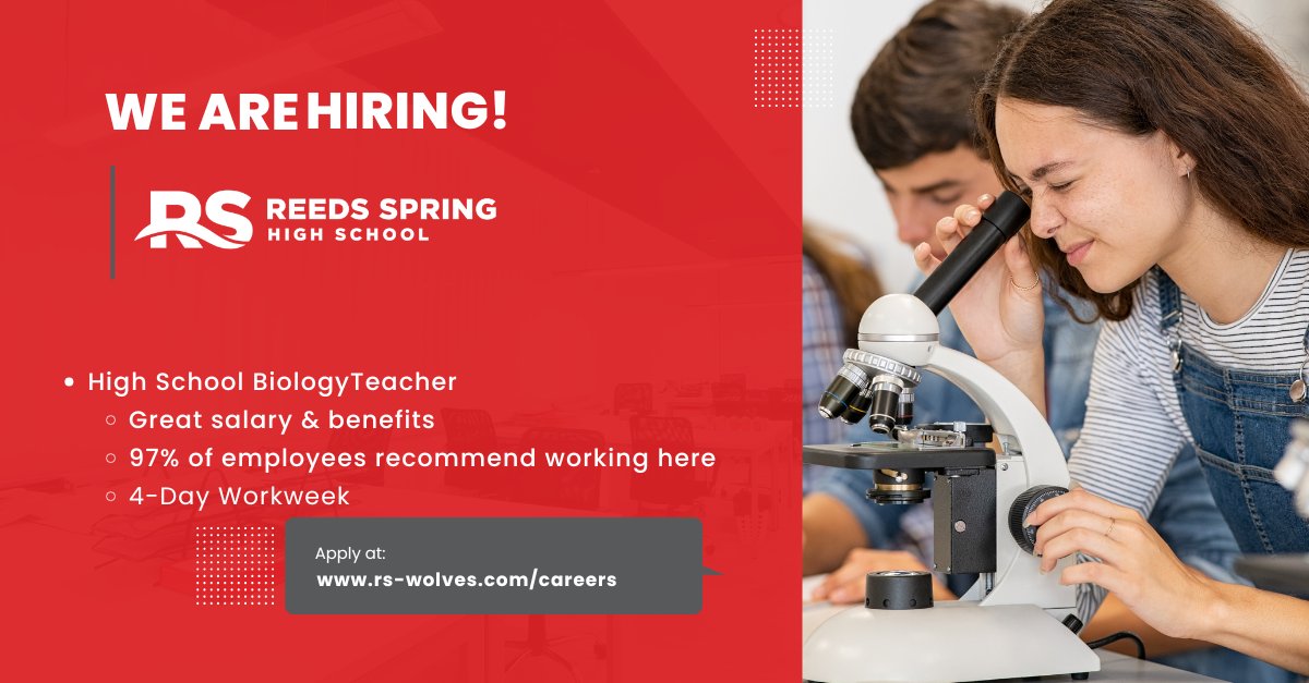 Reeds Spring High School has an opening for a Biology Teacher. We offer a four-day workweek along with great pay and benefits. Join the Pack! 🐺
<a href="/ReedsSpringHS/">RSHS Wolves 🐺</a> 

applitrack.com/wolves/onlinea…