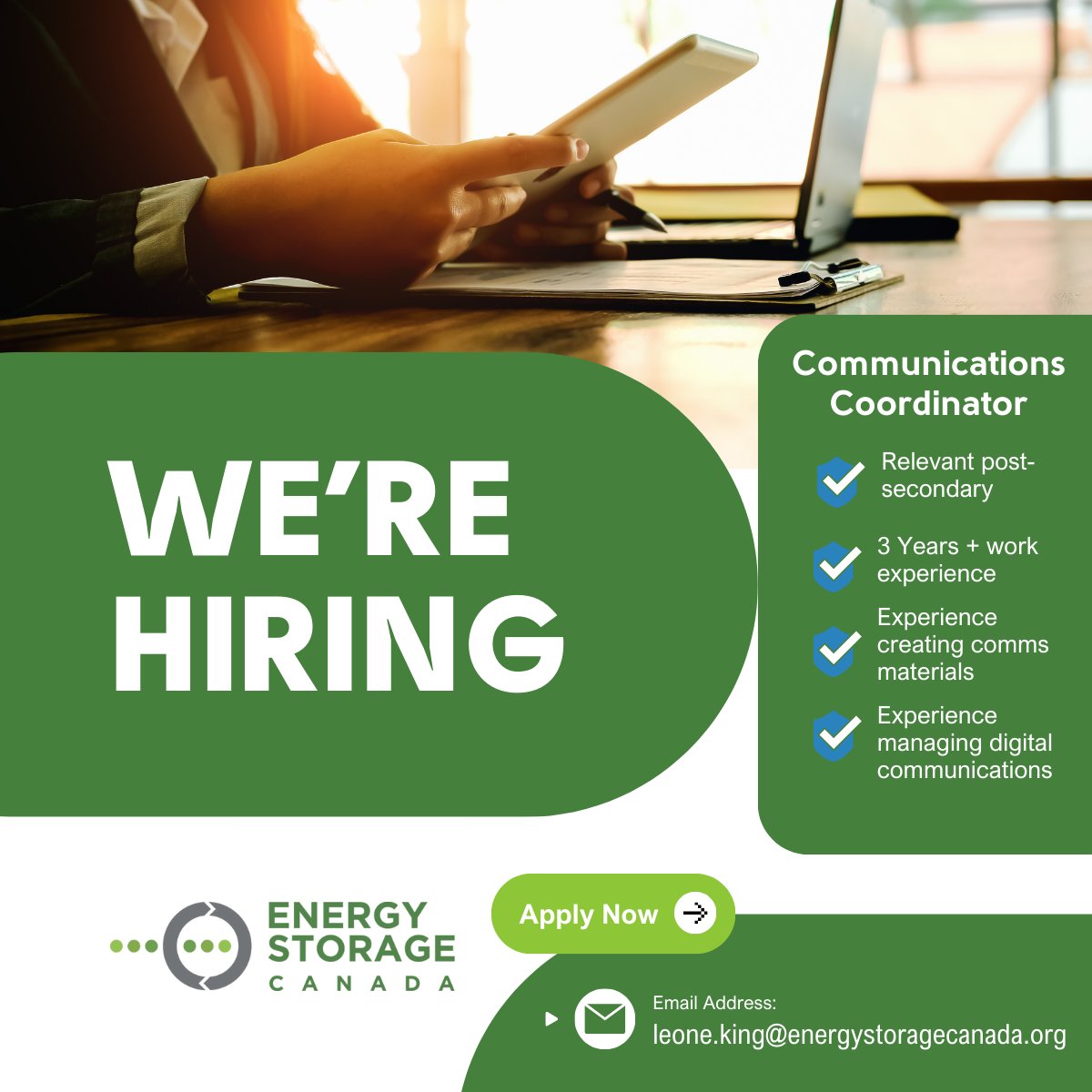 ESC is currently hiring for our newest role - Communications Coordinator. 

🔋Experience with #EnergyStorage an asset, but not required. 

Deadline Friday, April 25. Apply: ca.indeed.com/job/communicat….