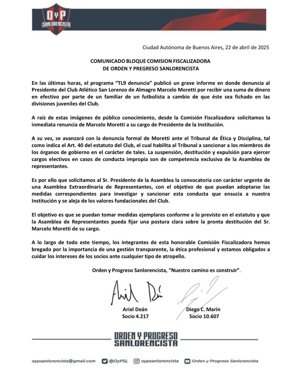 Desde <a href="/OyPSL/">Orden y Progreso Sanlorencista</a> llevamos a cabo tres presentaciones en los órganos de gobiernos de #SanLorenzo, Asamblea, Fiscalizadora y Tribunal de Ética, con el pedido de renuncia de <a href="/morettimarcelo/">Marcelo Moretti</a> quien hoy presentaría solo un pedido de licencia, donde le permite tomar carrera para luego