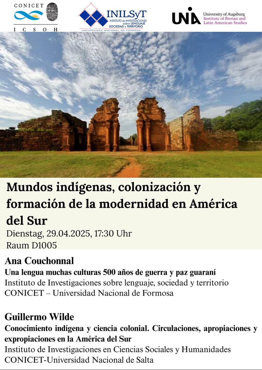 El Instituto  ISLA de la Universidad de Augsburgo invita cordialmente a dos  conferencias que tendrán lugar el 29 de abril a partir de las 17:30 h en  el aula D1005.

Ana Couchonnal (CONICET – Universidad Nacional de Formosa) presentará:
"Una lengua muchas culturas. 500 años de