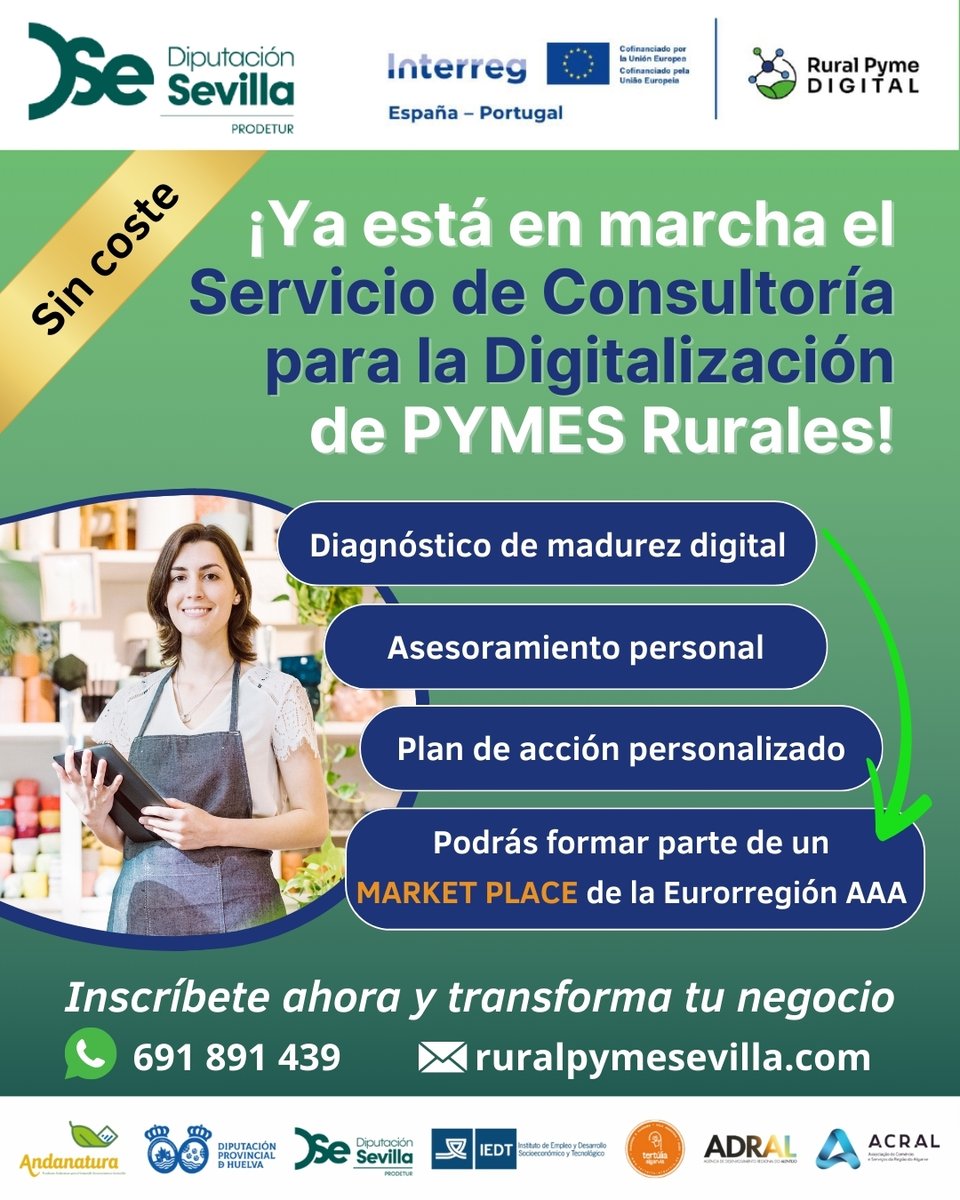 Seviempleo's tweet photo. 🚀 Digitaliza tu negocio con #RuralPymeDigital 📲 ¿Eres autónoma/o o tienes una pyme en la provincia de Sevilla?
✅ Es un proyecto GRATUITO de asesoría digital

🔗 Inscripción y cita previa https://t.co/D86nJ1RhZx

#DigitalizaciónRural #EmprensasSE @prodetur https://t.co/i1432r1t9j