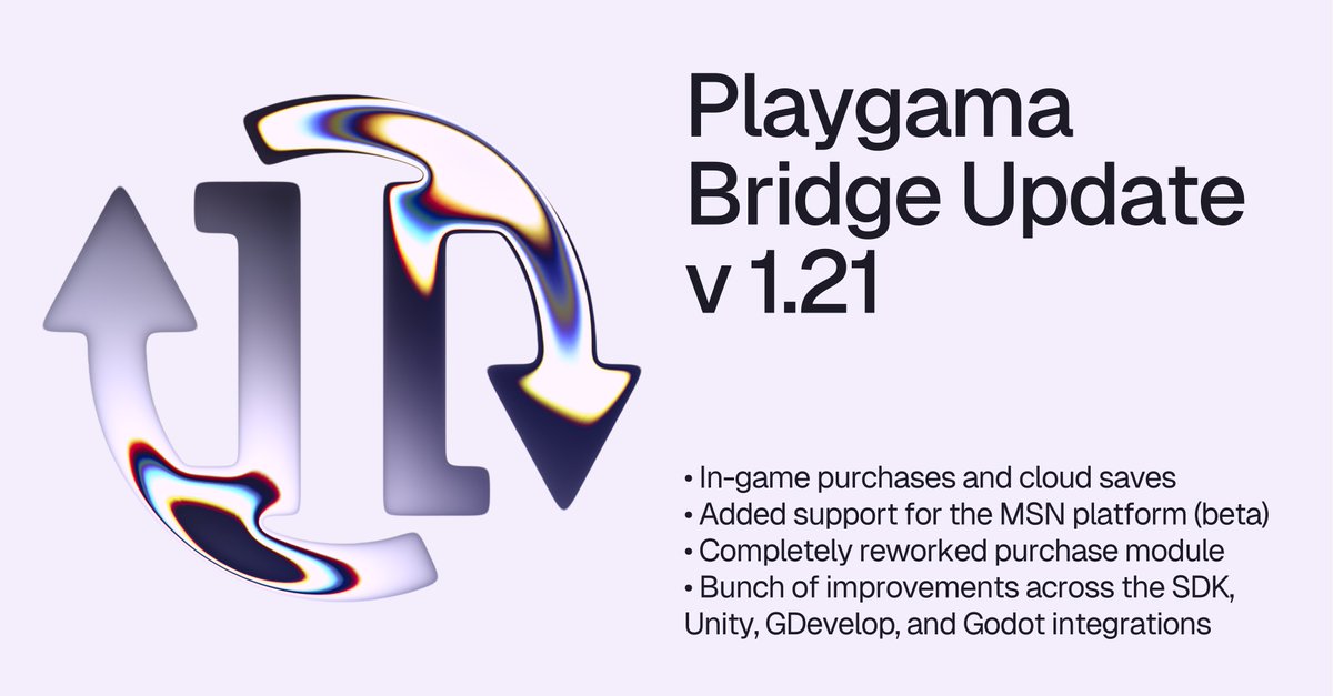 PlaygamaCom's tweet image. Playgama Bridge SDK v1.21 is live!
Now with in-game purchases 💸 and cloud saves ☁️ on Playgama.com.
Tons of improvements across Unity, GDevelop &amp;amp; Godot.

Full changelog: wiki.playgama.com/playgama/sdk...

#gamedev #html5games #playgama