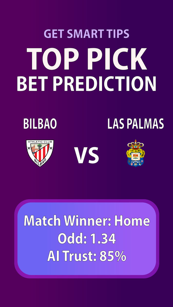 getsmartips's tweet photo. 🧠 Smart Pick of the Day
🏟 Bilbao vs Las Palmas
💡 Prediction: Home Win
📊 Odd: 1.34
🤖 AI Trust Level: 85%
#AIpoweredTips #ValueBets #SmartWager #PuntersParadise #HotTips #La_Liga #LaLiga #SpanishLeague #LigaEspañola #SoccerTips #FootballPicks #BettingX #DraftKings #FanduelParlay #GamblingX #GetSmartTips