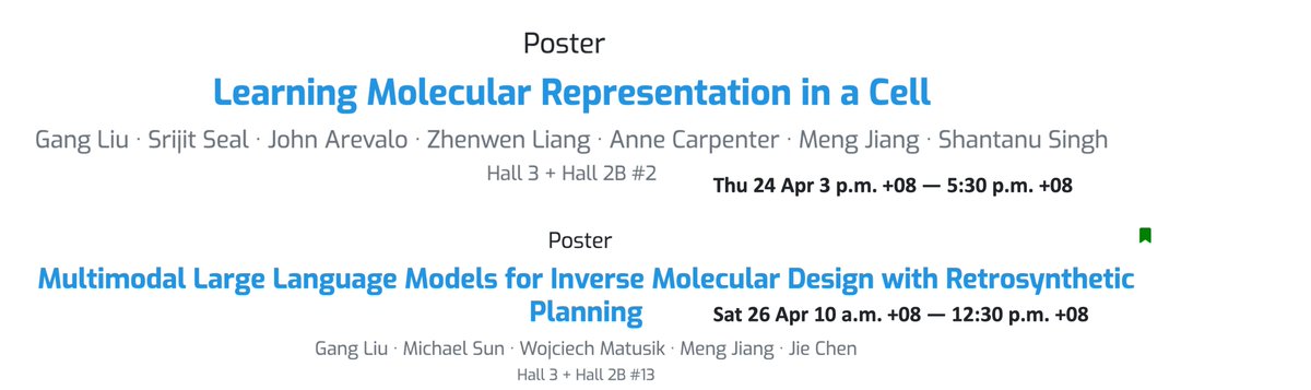 gliu0329's tweet image. Excited to be in Singapore for @iclr_conf from April 24-28! We’re presenting two posters on multimodal molecular learning—come say hello if you’d like to chat about our work or related topics. Looking forward to great discussions!