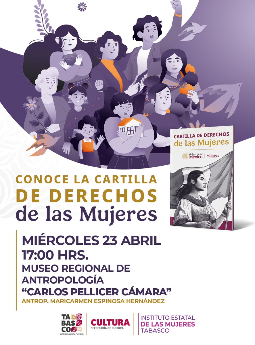 ¡Únete a nosotras!
Presentación de la "Cartilla de los Derechos de la Mujer"
Miércoles 23 de abril
5:00 PM
Museo Regional de Antropología "Carlos Pellicer Cámara" 
¡Tu voz importa!
#IEMMujeres