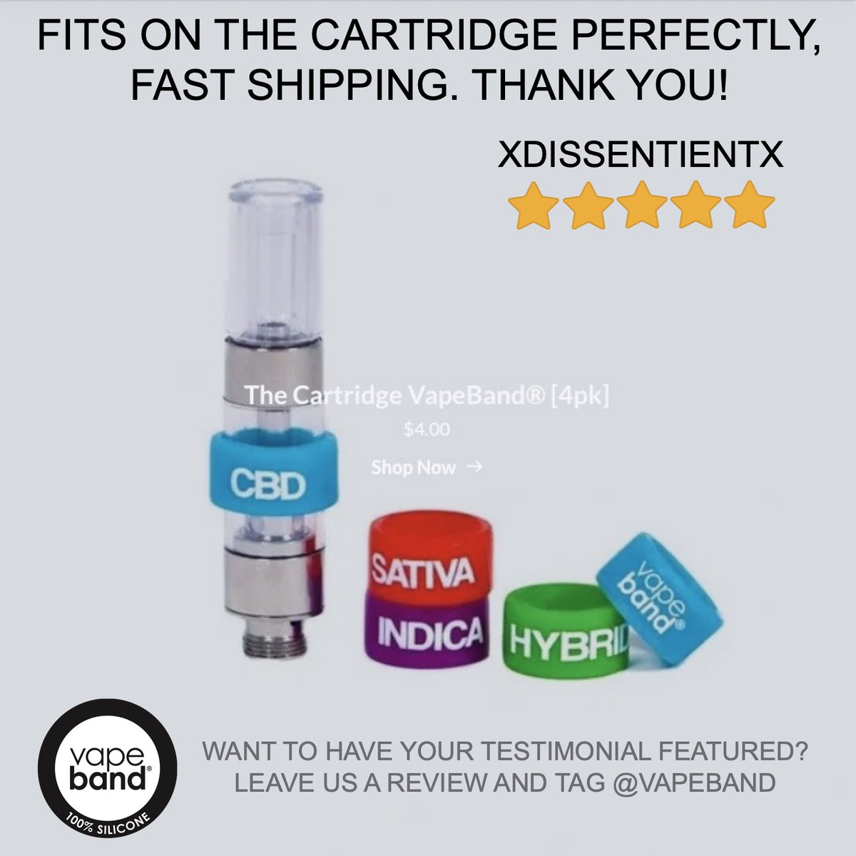 The Cartridge VapeBand® 4pk  
vapeband.com 
#smokeweed #Weedmob #420friendly #sativa #hybrid #indica #cbd #js #medication #dispensary
Custom made for your carts. Contact us today!