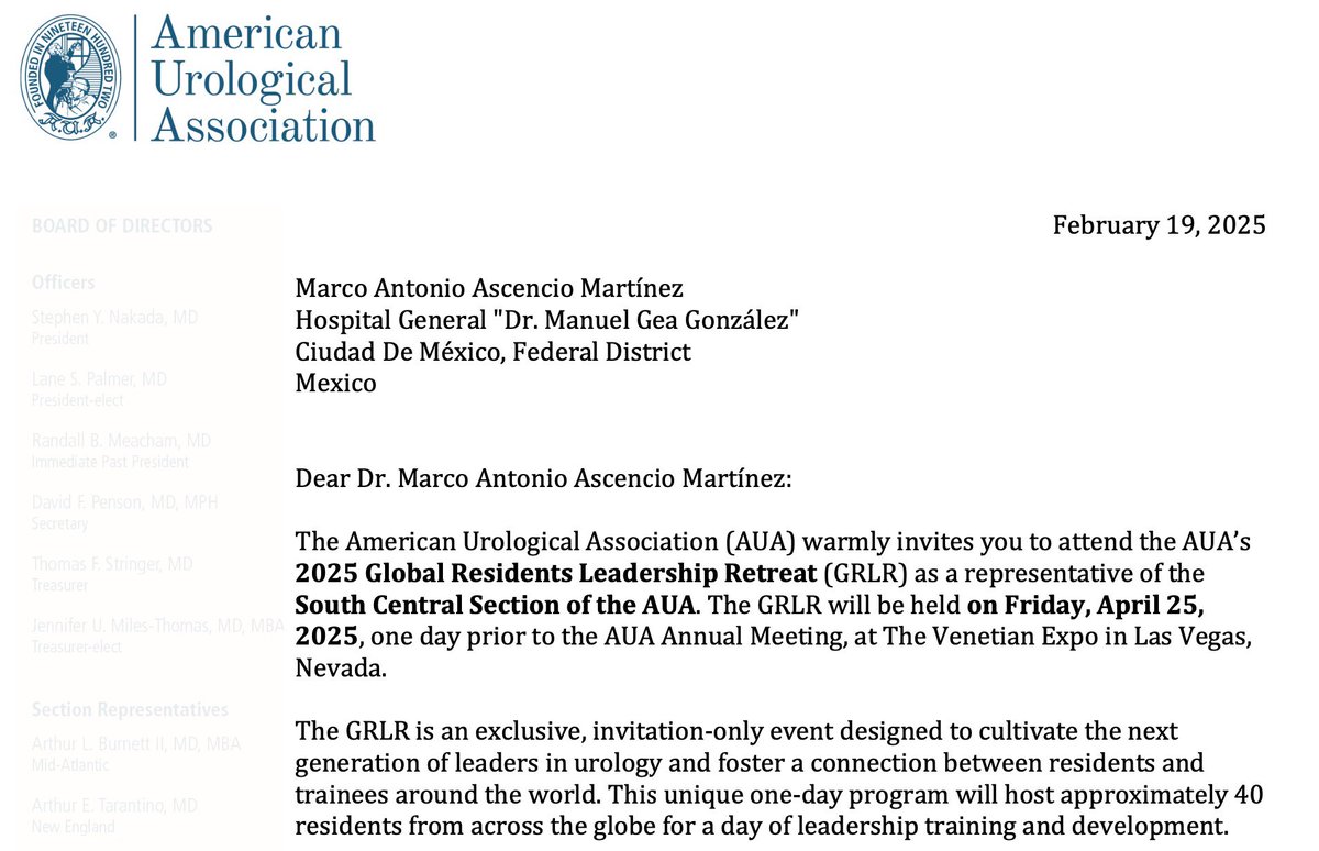 Marco Ascencio (@marcoascencio94) on Twitter photo Thrilled and honored to represent <a href="/SCSAUA/">South Central Section of the AUA</a> and Mexico at #AUA25
I have been invited to participate in the 2025 Global Residents Leadership Retreat and I will also be competing in the Resident Quiz Bowl.
Very grateful for the opportunities!
<a href="/AmerUrological/">Amer. Urol. Assn.</a> <a href="/UrologiaGea/">Urología Gea</a> Thrilled and honored to represent <a href="/SCSAUA/">South Central Section of the AUA</a> and Mexico at #AUA25
I have been invited to participate in the 2025 Global Residents Leadership Retreat and I will also be competing in the Resident Quiz Bowl.
Very grateful for the opportunities!
<a href="/AmerUrological/">Amer. Urol. Assn.</a> <a href="/UrologiaGea/">Urología Gea</a>