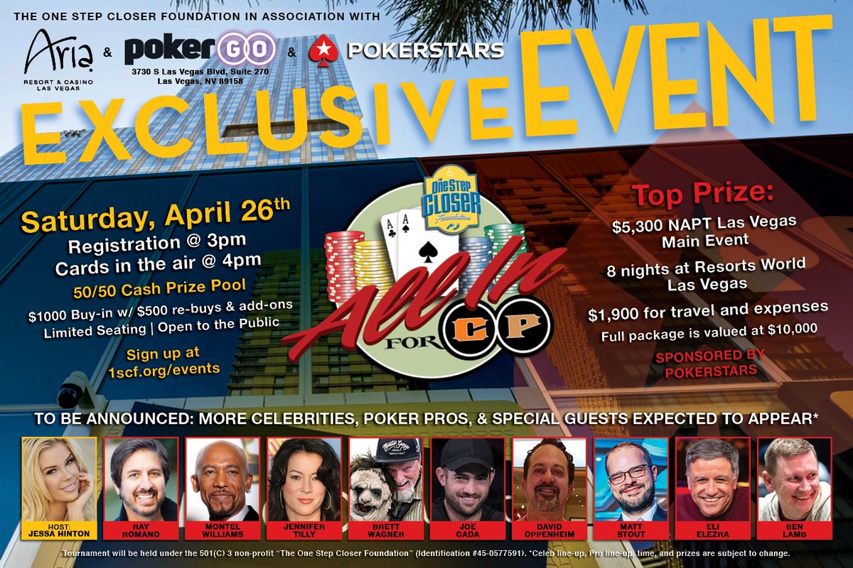 PokerGO (@pokergo) on Twitter photo Charity poker tournament this weekend!
Play under the lights at the iconic PokerGO Studio, and do it for a GREAT CAUSE! ❤️
April 26 — it’s the <a href="/1scf/">The One Step Closer Foundation</a> All-In For CP event! $1,000 buy-in, $500 rebuys/add-ons.
Open to the public + big prizes including a $10K <a href="/PokerStarsUSA/">PokerStarsUSA</a> NAPT Charity poker tournament this weekend!
Play under the lights at the iconic PokerGO Studio, and do it for a GREAT CAUSE! ❤️
April 26 — it’s the <a href="/1scf/">The One Step Closer Foundation</a> All-In For CP event! $1,000 buy-in, $500 rebuys/add-ons.
Open to the public + big prizes including a $10K <a href="/PokerStarsUSA/">PokerStarsUSA</a> NAPT