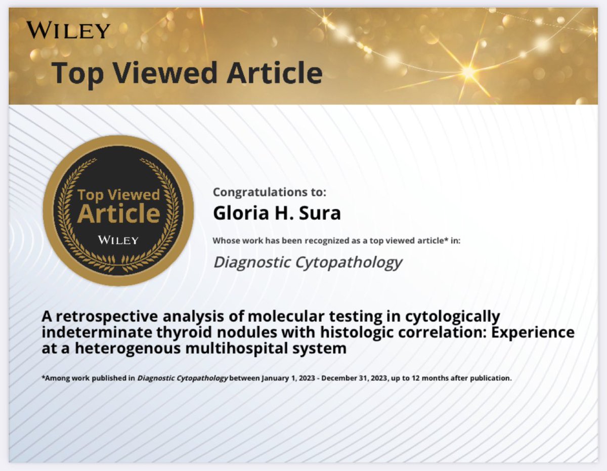 Good news on our article on molecular testing of thyroid nodules <a href="/MikeThrallMD/">Michael James Thrall</a> <a href="/TrishaCubb/">Trisha Cubb MD</a>  <a href="/HMPathology/">Houston Methodist Pathology & Genomic Medicine</a> 
Read it here onlinelibrary.wiley.com/doi/full/10.10…  #TopViewedArticle <a href="/wileyinresearch/">Wiley in research</a>