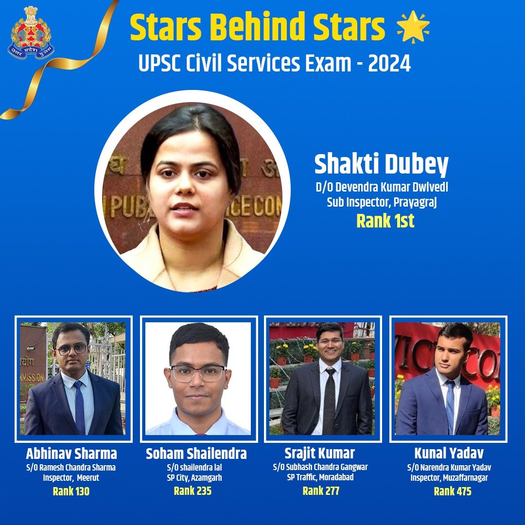 A proud moment that fills the khaki family with joy!

Shakti Dubey, daughter of SI Devendra Dwivedi (Prayagraj Commissionerate), has secured AIR 1 in #UPSC2024.

She is joined by Abhinav Sharma, Soham Shailendra, Srajit Kumar, and Kunal Yadav—each a shining star from the
