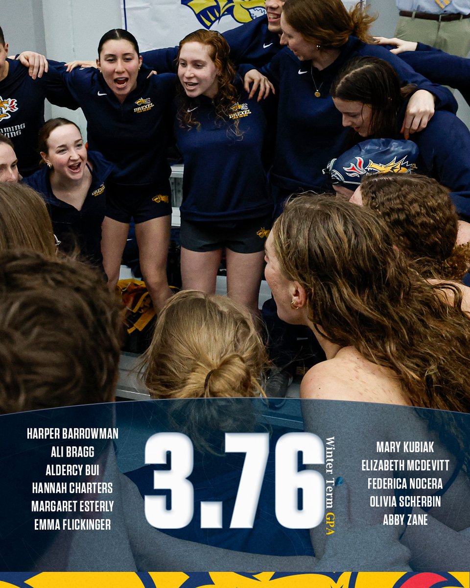 Women's team winter term GPA: 3.76 🧠

Congratulations to the 11 swimmers who finished with straight A's !!

#FearTheDragon 🐉
