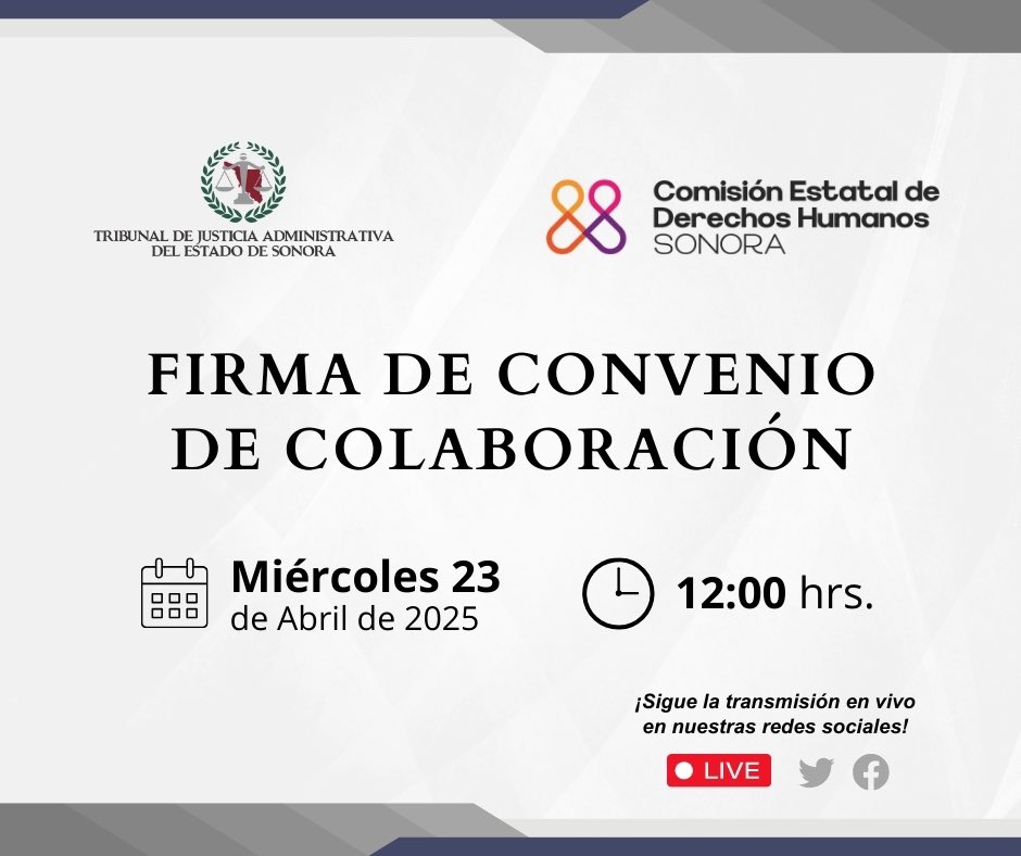 Acompáñanos hoy a la firma del convenio de colaboración con la CEDH Sonora.

¡Sigue la transmisión en vivo en nuestras redes!

🗓️ Miércoles 23 de abril de 2025
⏰ 12:00 hrs. | Hermosillo

#DerechosHumanos #TJASonora