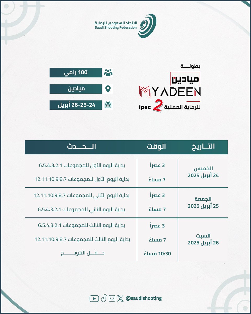 تحت إشراف الاتحاد السعودي للرماية..  

تنطلق غدًا الخميس؛ بطولة ميادين للرماية العملية (2) وتستمر منافساتها لغاية يوم السبت القادم

أجواء حماسية بانتظاركم في ميدان ميادين - «ملهم»📍

حيااااااااكم💚
