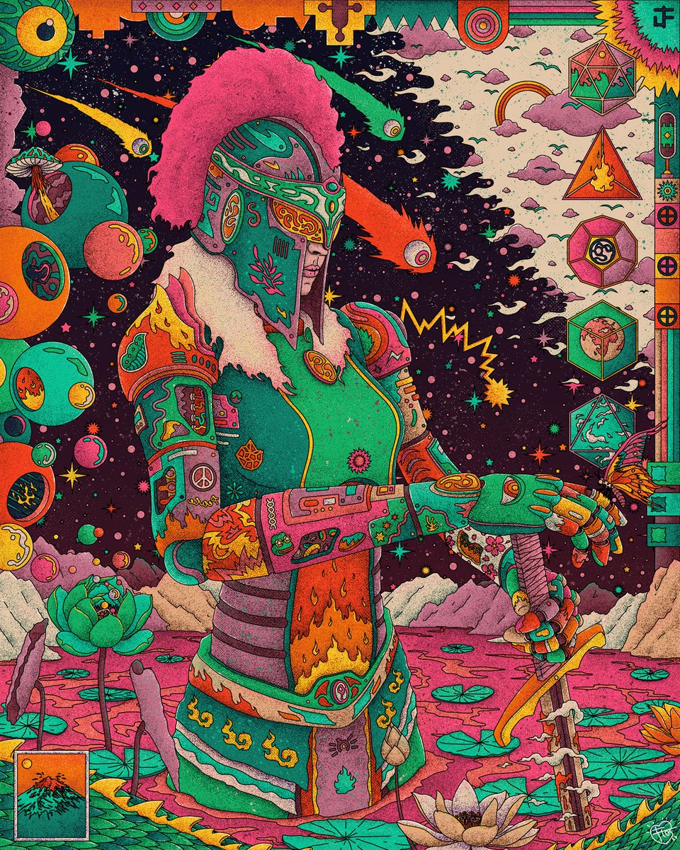 flostitanarum's tweet image. Gm⚔️

&quot;Wielding a sword amidst lotus blooms and celestial wonders&quot;

#FantasyArt #SurrealVibes