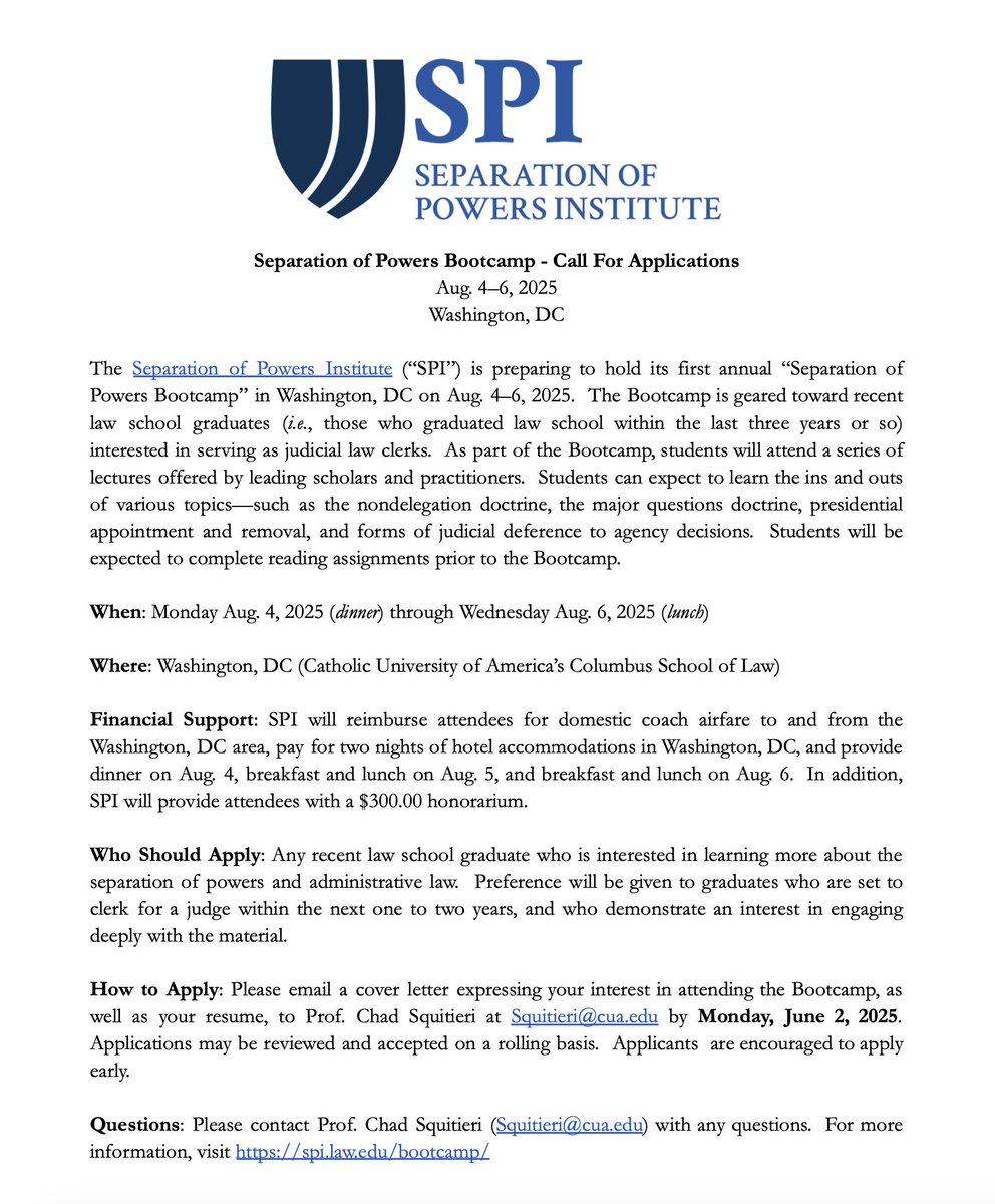 CUA_SPI's tweet image. 🚨Call for Applications🚨
SPI is preparing to host its first annual Separation of Powers Bootcamp for recent law grads. Aug. 4-6 in Washington, DC. To learn more and apply, check out spi.law.edu/bootcamp/