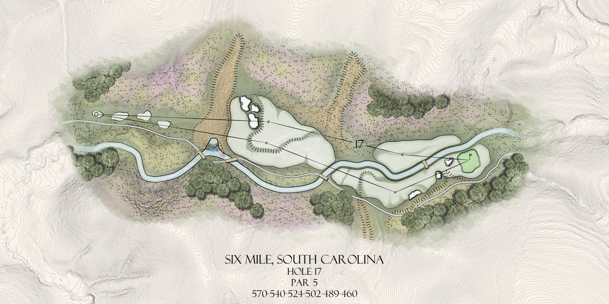 Here's a sneak peak at our new Six Mile, South Carolina project's 17th hole. Playing 570 yards from the tips, this par five's tee shot rises over two swales and a natural waterfall to a ridge.