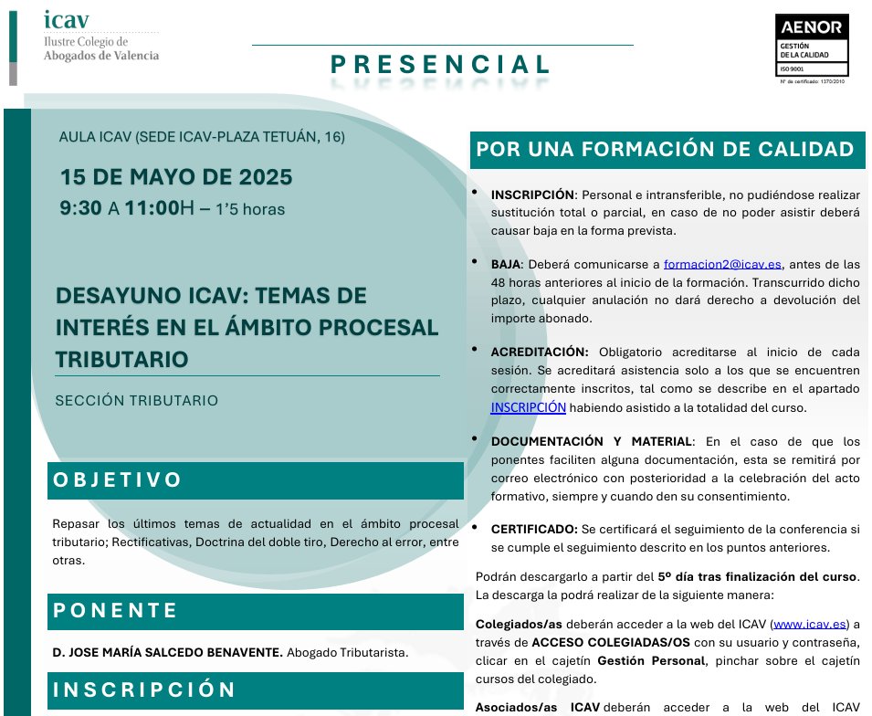 José María Salcedo (@jm_salcedo) on Twitter photo #CaféTributario | ☕️ Desayuno ICAV sobre novedades en procedimiento tributario.
🗓️ El 15 de mayo estaré en mi querido colegio <a href="/ICAV_abogacia/">ICAV abogacia</a> para hablar sobre novedades jurisprudenciales en materia de procedimiento tributario.
✍️ Inscripciones aquí (sólo presencial): #CaféTributario | ☕️ Desayuno ICAV sobre novedades en procedimiento tributario.
🗓️ El 15 de mayo estaré en mi querido colegio <a href="/ICAV_abogacia/">ICAV abogacia</a> para hablar sobre novedades jurisprudenciales en materia de procedimiento tributario.
✍️ Inscripciones aquí (sólo presencial):