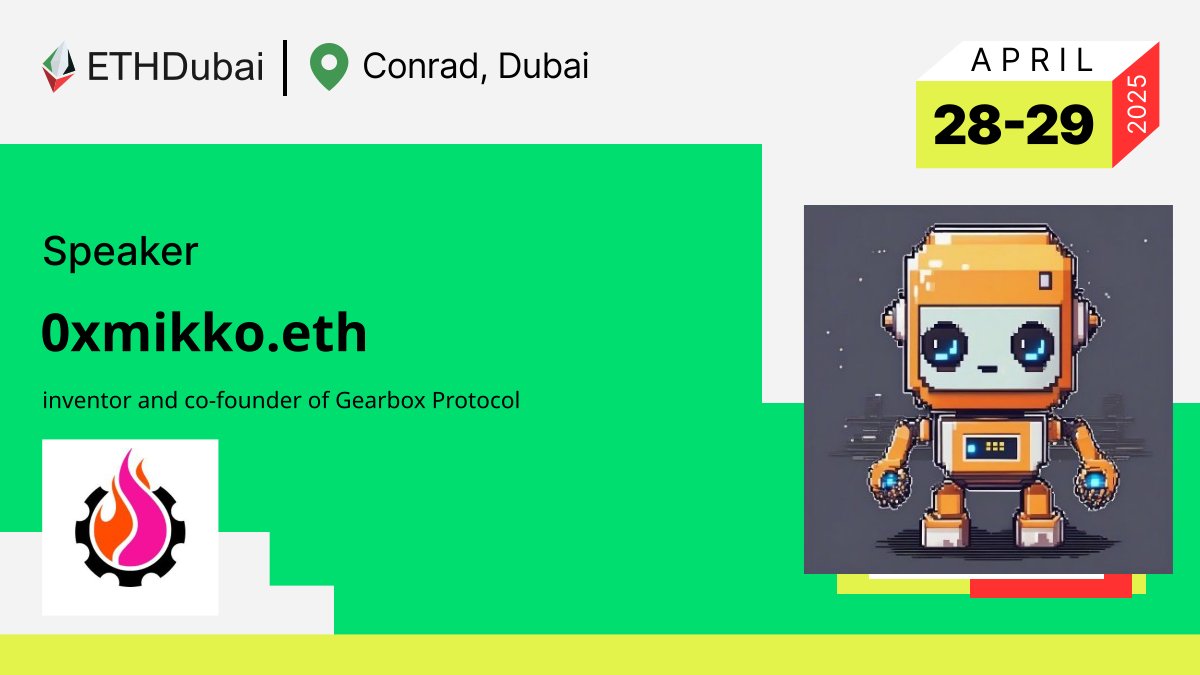ETHDubai | April 28-29 (@ethdubaiconf) on Twitter photo We’re hella stoked to announce that <a href="/0xmikko_eth/">0xmikko.eth | Token2049 🇦🇪</a>, CEO, inventor at @gearboxprotocol, and DeFi OG, is gonna bring some epic insights to the conference! We’re hella stoked to announce that <a href="/0xmikko_eth/">0xmikko.eth | Token2049 🇦🇪</a>, CEO, inventor at @gearboxprotocol, and DeFi OG, is gonna bring some epic insights to the conference!