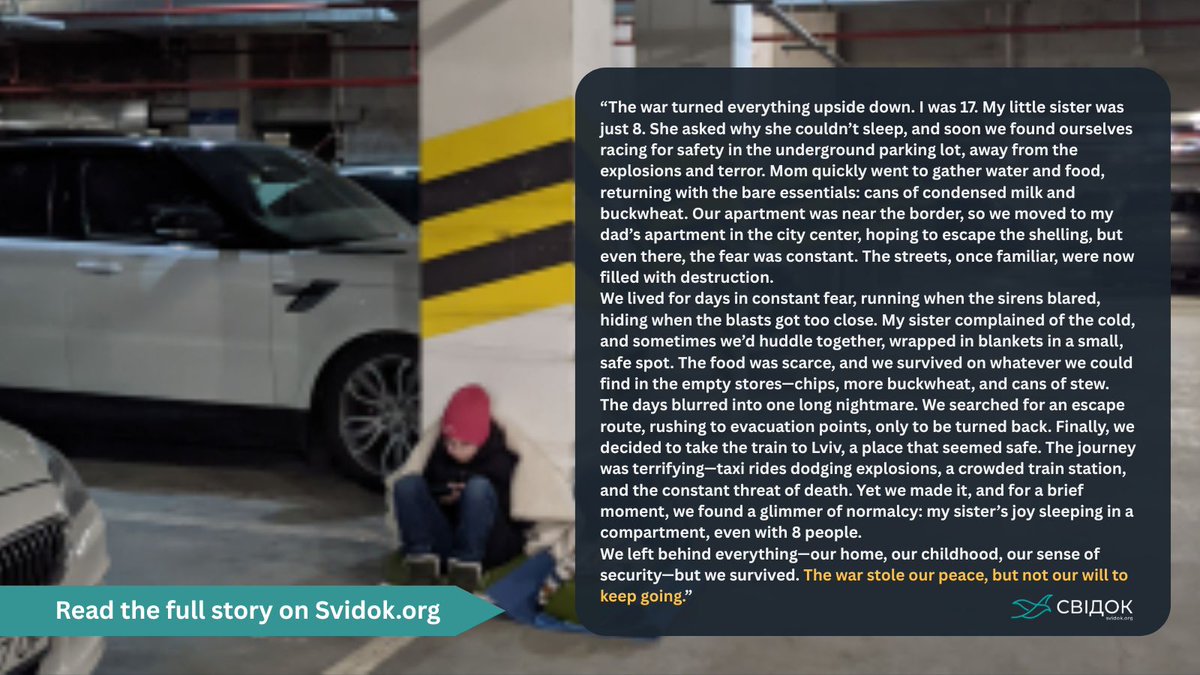 On February 23, 2022, a 17-year-old girl from Kharkiv fled with her parents &amp; 8-year-old sister amidst blasts that disrupted their lives. They sought refuge in underground shelters, surviving on snacks and grains, driven by fear, love, and hope.
Read more: svidok.org/notes/pro-vibu…