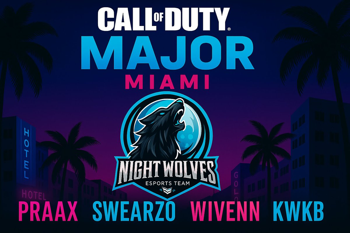 Les Night Wolves débarquent à Miami pour le Call of Duty Major ! Notre meute est prête à rugir sur scène avec :
<a href="/PraaX_TL/">PraaX</a> 
<a href="/SwearZo/">Eddie</a>
<a href="/Wivenn_/">Wivenn🐳</a>
<a href="/kwKB24/">kwKB24</a>
On est là pour marquer l’histoire!#CDLMajor #NightWolves #CallOfDuty #eSports