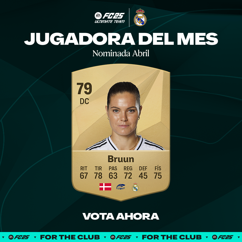 realmadridfem's tweet photo. ⚽️ @signebruun20 
🌟 Una racha goleadora para poner a nuestra jugadora entre las nominadas al #POTM!
¡Vota por ella! 
@EASPORTSFC | #FC25