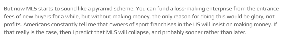 Ten years ago today, economist Stefan Szymanski predicted Major League Soccer would "collapse, and probably sooner rather than later." #mls #soccer 

How's that working out? <a href="/OldTakesExposed/">Freezing Cold Takes</a> 

web.archive.org/web/2015051206…