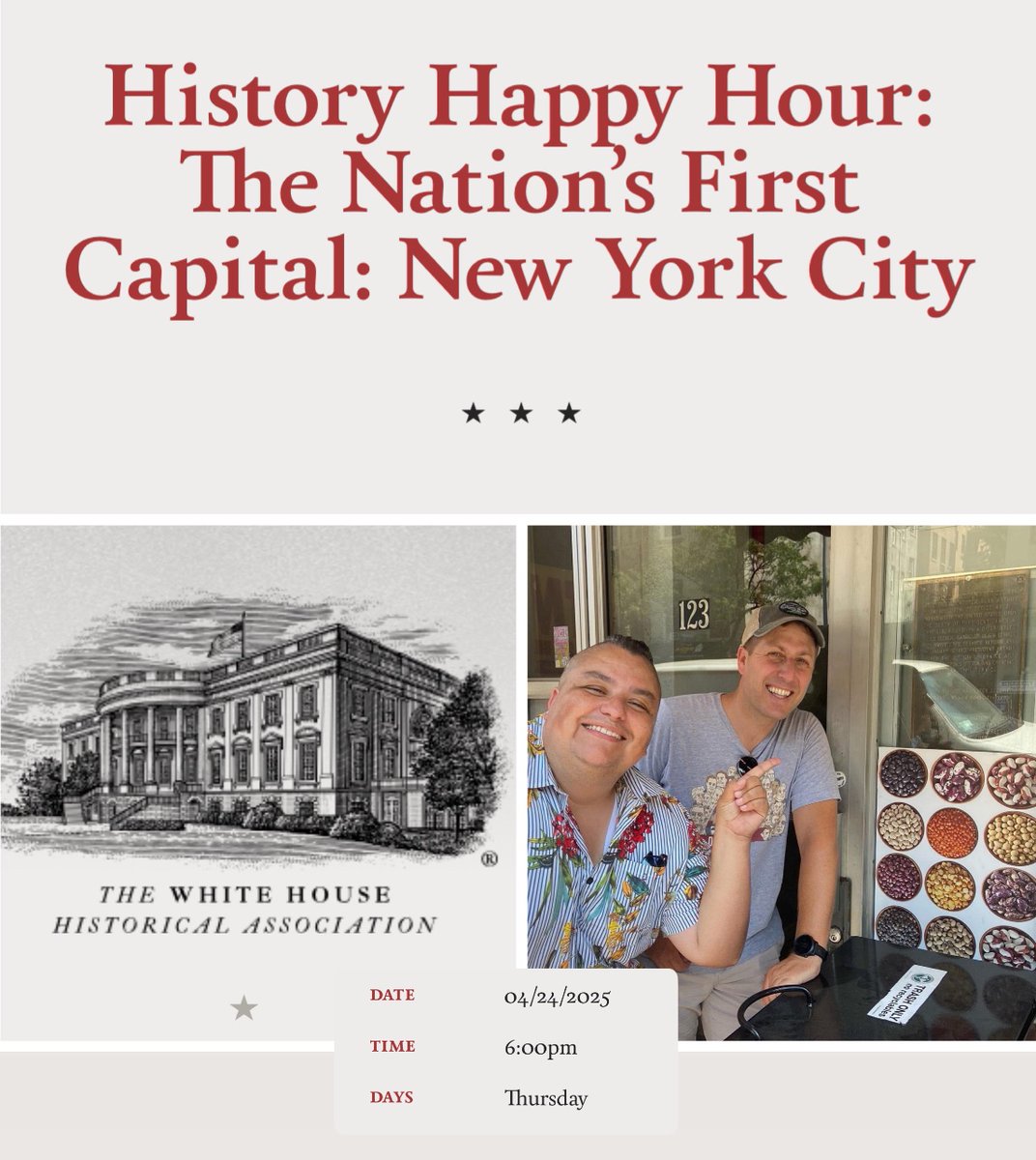TOMORROW! I will be moderator for “History Happy Hour” from The White House Historical Association Thursday, April 24, 6 pm Eastern for “The Nation’s First Capital: New York City”! 🌆 🇺🇸🏛️

You must RSVP through the link! 

whitehousehistory.org/events/hhh-the…

#NewYorkCity #NYC #WhiteHouse
