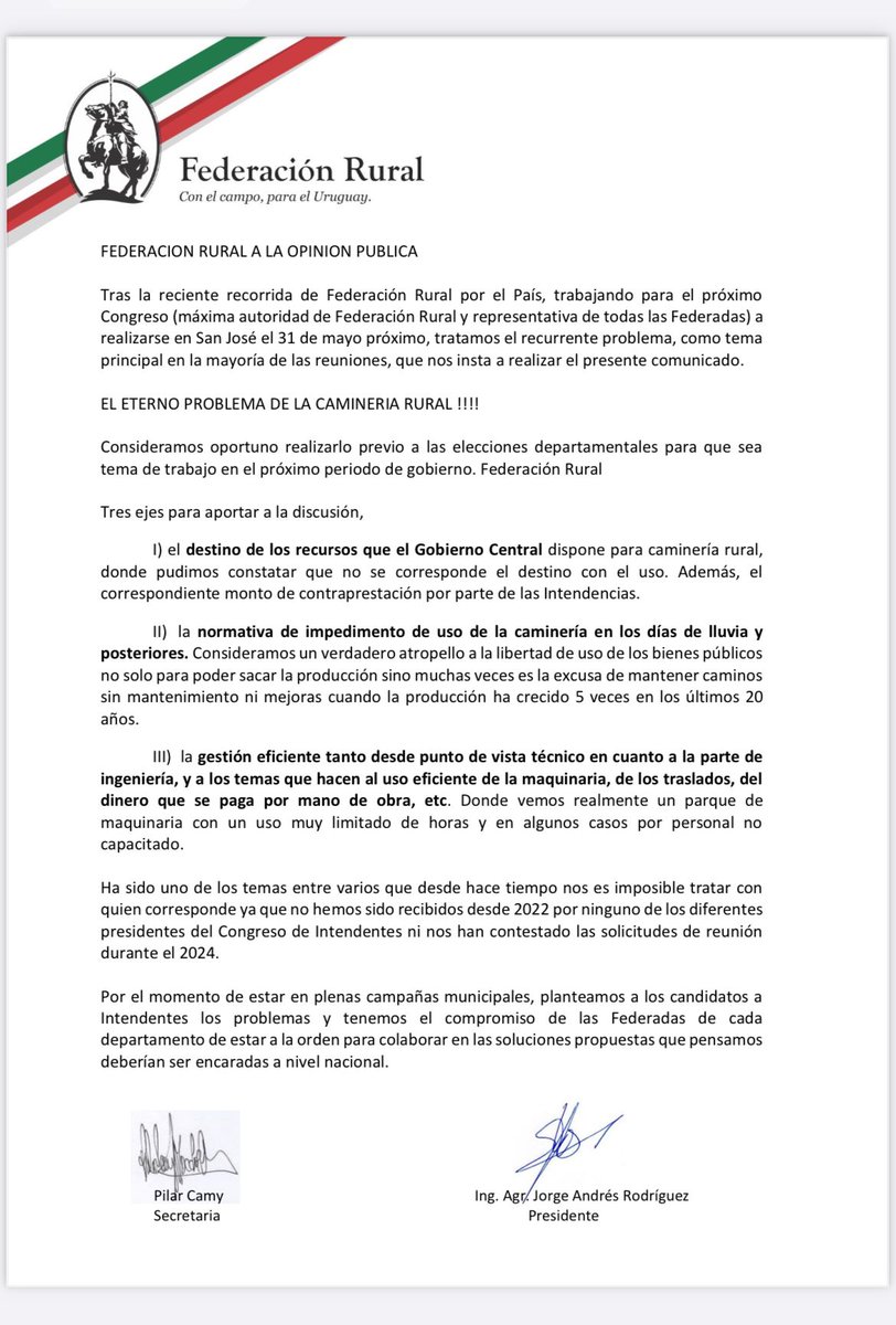 Comunicado Federación Rural respecto a Caminería Rural.