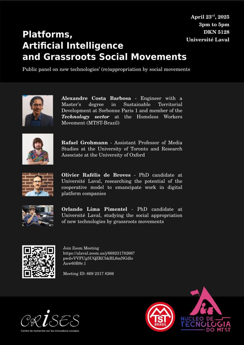 Platforms, AI and grassroots social movements. Online roundtable organized by Universite Laval. Today 3PM ET. obvia.ca/evenements/pla…