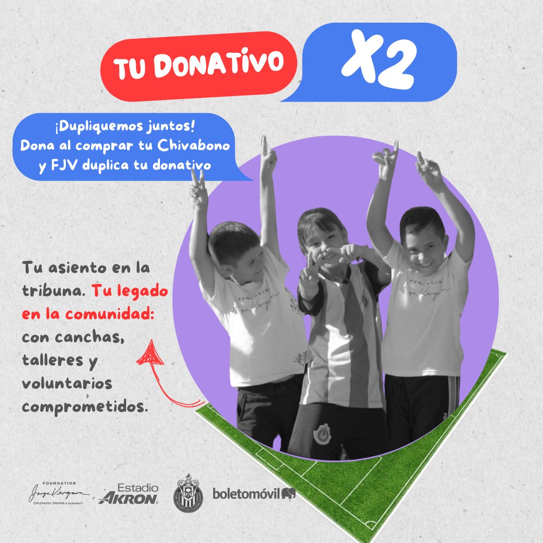 🎟️ Al comprar tu Chivabono, puedes sumar un donativo a Fundación Jorge Vergara 🙌
🤝 Nosotros duplicamos tu aportación para llegar aún más lejos por la niñez y juventud de México.
🌟 ¡Juntos transformamos vidas! <a href="/Chivas/">CHIVAS</a> <a href="/ChivasFemenil/">Chivas Femenil</a> 
#ChivabonoConCausa #FundaciónJorgeVergara