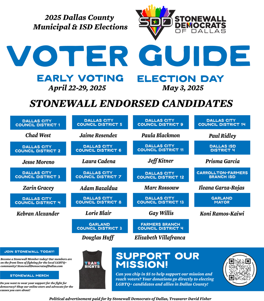 Early Voting has begun across Dallas County ! Get out and VOTE for the candidates that will support the LGBTQ+ community and fight for progressive values in Dallas! 🏳️‍🌈🏳️‍⚧️🇺🇸