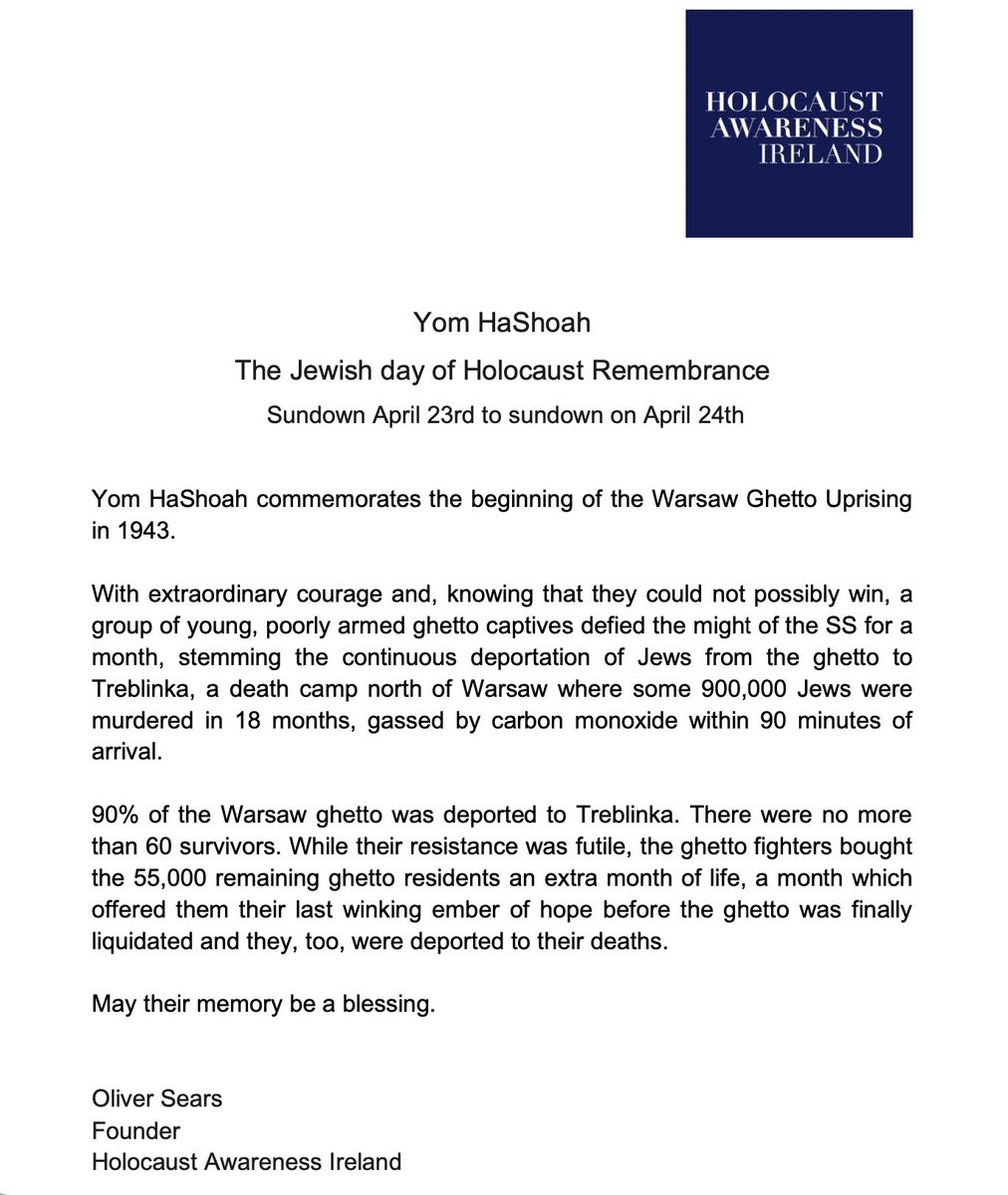 Yom HaShoah begins at sundown tonight, when the Jewish community comes together to remember &amp; mourn the 6 million Jewish men, women and children murdered in the Holocaust by the Nazis &amp; their collaborators. 

Yom HaShoah commemorates the beginning of the Warsaw Ghetto Uprising.