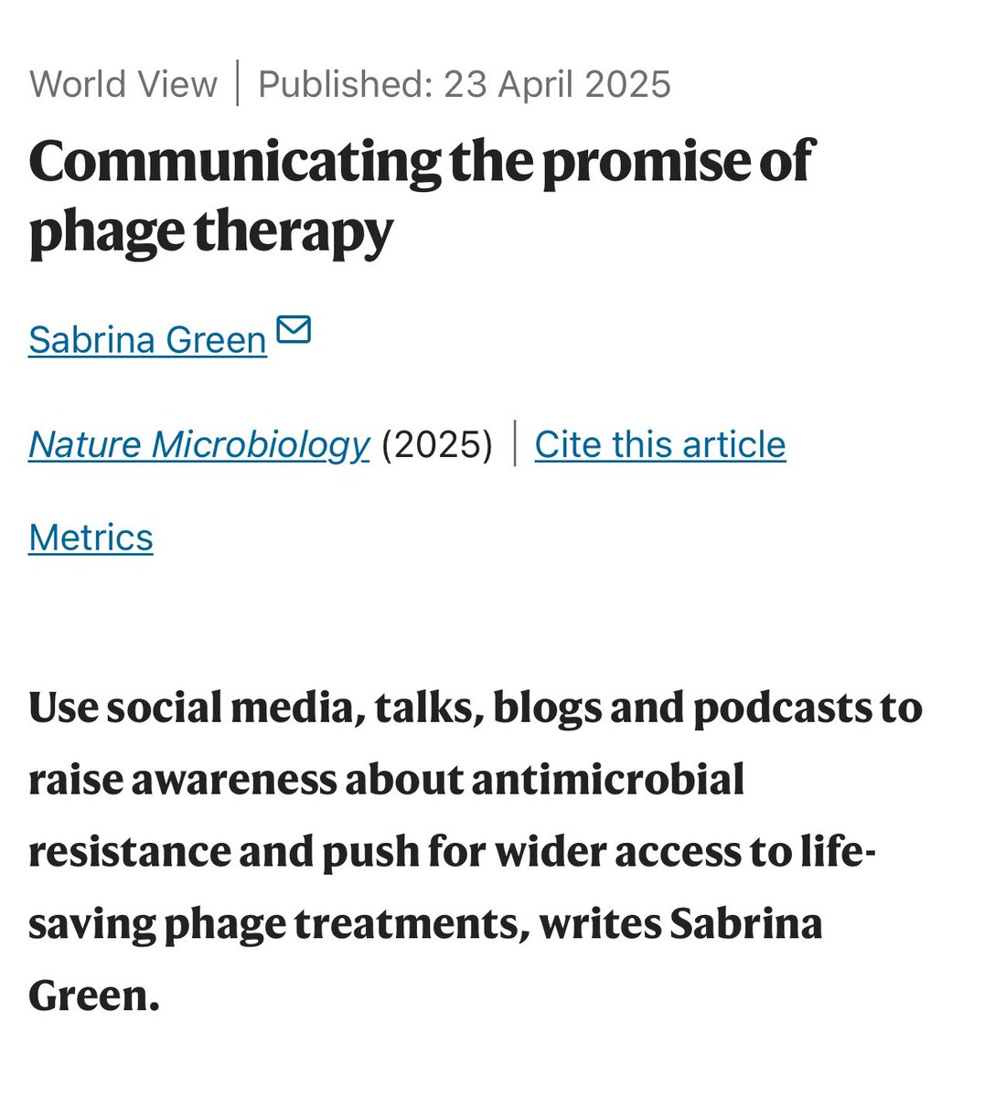 Dr. Sabrina Green, PhD (@motherofphage) on Twitter photo It’s been a very interesting experience getting to write something about science communication and phage therapy for <a href="/NatureMicrobiol/">Nature Microbiology</a>. Thank you to the editors!
Read 👇🏽
rdcu.be/eiVYd It’s been a very interesting experience getting to write something about science communication and phage therapy for <a href="/NatureMicrobiol/">Nature Microbiology</a>. Thank you to the editors!
Read 👇🏽
rdcu.be/eiVYd